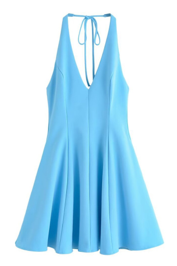 sexy non-stretch solid color halter neck deep v backless mini dress