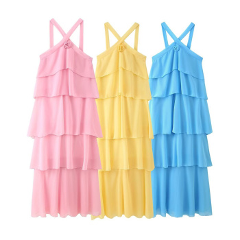 casual non-stretch layered chiffon sling flower decor backless maxi dress