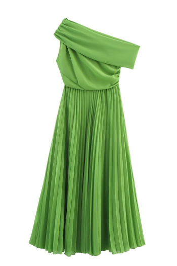 casual non-stretch solid color oblique collar pleated midi dress