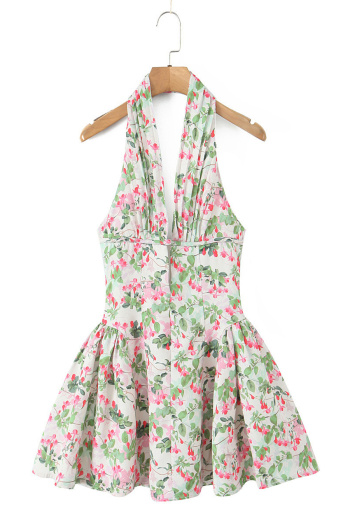 casual non-stretch floral batch print halter neck deep v backless mini dress