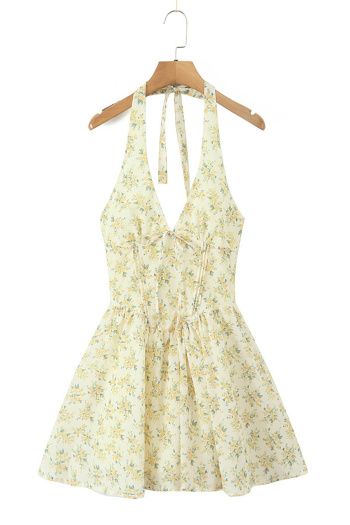 casual non-stretch floral print halter neck deep v backless mini dress
