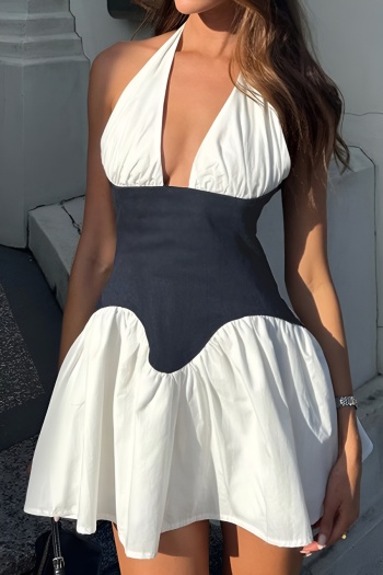stylish slight stretch color-block halter-neck lace-up mini dress