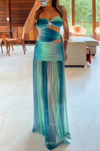 sexy slight stretch mesh tube design contrast color hollow maxi dress