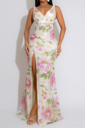 sexy plus size slight stretch flower print slit backless sequin decor maxi dress