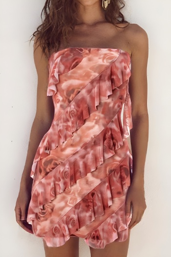 stylish slight stretch graphic printing tube design ruffle bodycon mini dress