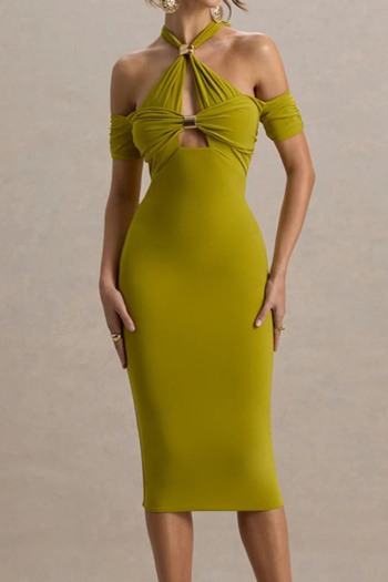 sexy slight stretch halter-neck solid color slim midi dress
