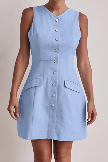 casual non-stretch pure cotton single-breasted sleeveless mini dress