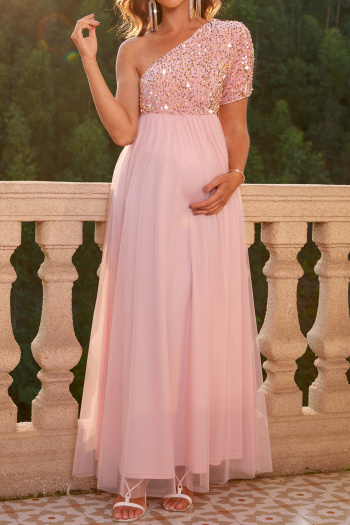elegant non-stretch one-shoulder sequins mesh stitching maxi maternity dress