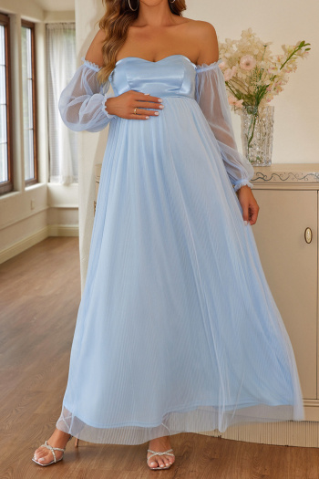 elegant non-stretch off-shoulder mesh splicing long-sleeved maxi maternity dress