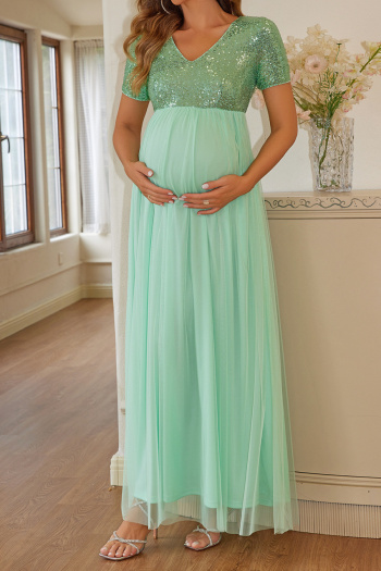 elegant non-stretch sequins mesh splicing short sleeve maxi maternity dress