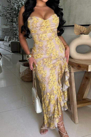 sexy slight stretch flower batch printing slit sling maxi dress
