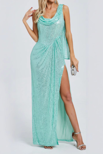 elegant non-stretch solid color sequined pleated high slit maxi evening dress