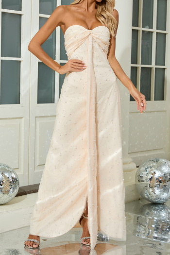 elegant non-stretch mesh tube top pearls rhinestones decor maxi evening dress