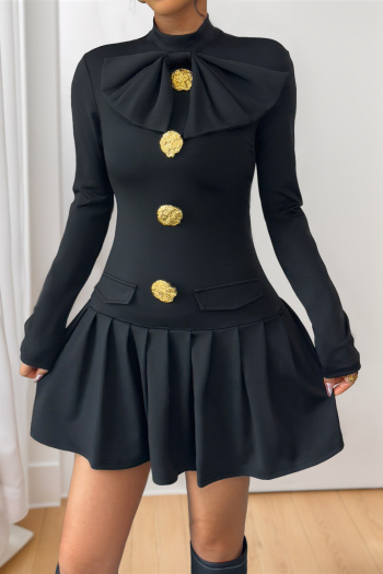 casual slight stretch half-high collar bow decor mini dress