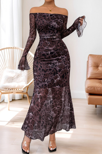 sexy slight stretch see-through mesh leopard printing off shoulder maxi dress