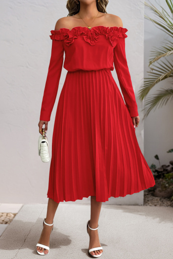 casual non-stretch off shoulder ruffle decor pleated midi dress