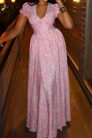 casual slight stretch v-neck short sleeve batch printing maxi dress