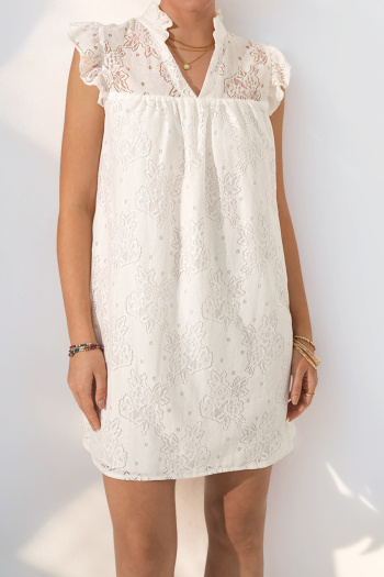 casual non-stretch stitching lace v-neck mini dress