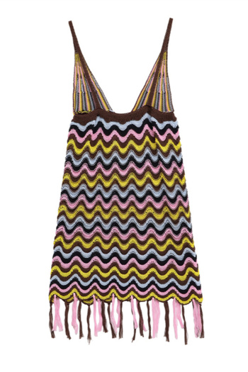 casual slight stretch sling knit striped tassel mini dress