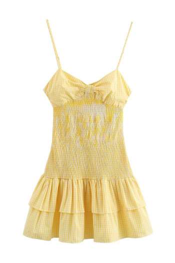 casual slight stretch sling hollow lattice print shirring mini dress