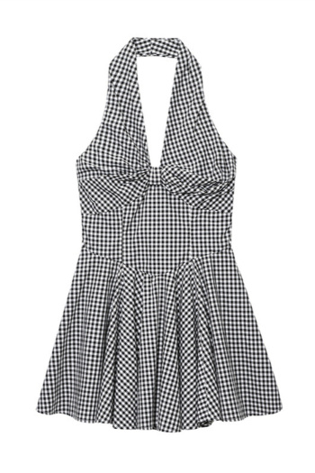 casual non-stretch plaid print halter neck pleated mini dress