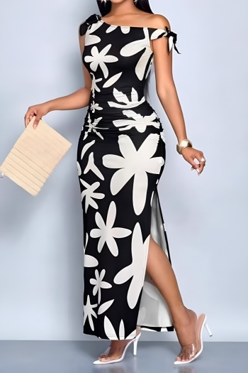 casual plus size slight stretch sleeveless slim fit floral print slit maxi dress