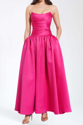 elegant non-stretch solid color tube top pleated satin maxi dress