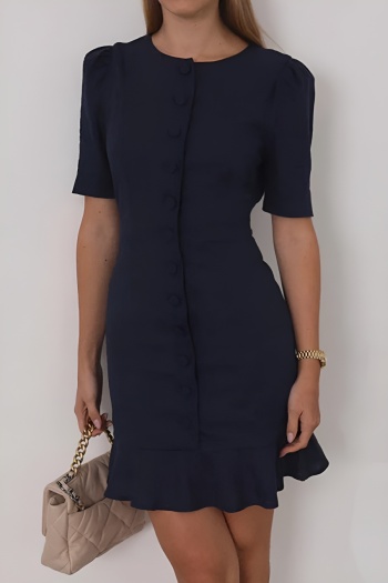 casual non-stretch pure color single-breasted short sleeve mini dress