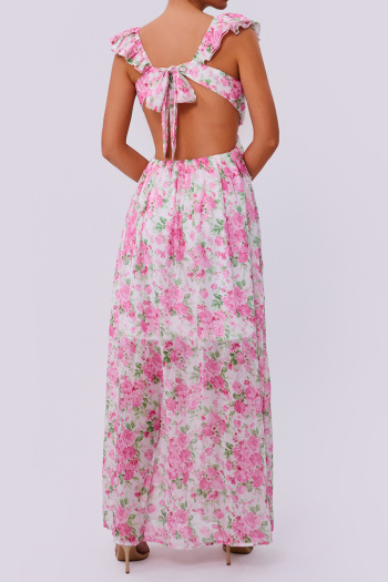 elegant non-stretch floral print hollow large backless maxi dress