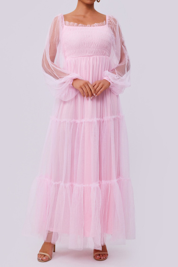 elegant non-stretch see-through mesh long-sleeved pleated maxi dress
