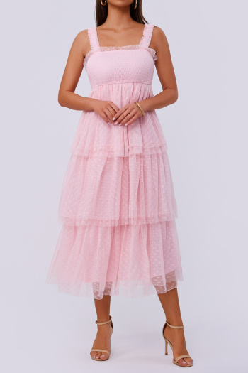 elegant non-stretch sling polka dot printed mesh pleated midi dress