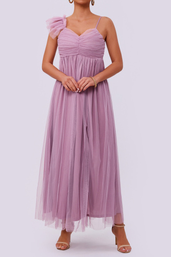 elegant non-stretch irregular sling pleated mesh slit maxi dress