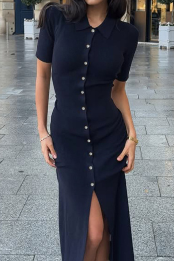 casual slight stretch ribbed knit lapel button midi dress
