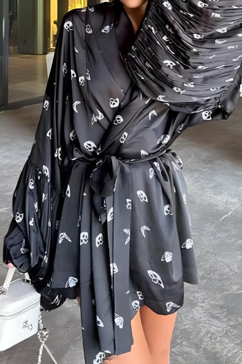 casual slight stretch butterfly printing v-neck with belt mini dress