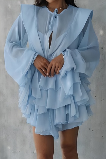 stylish slight stretch micro see through mesh ruffle with belt mini dress