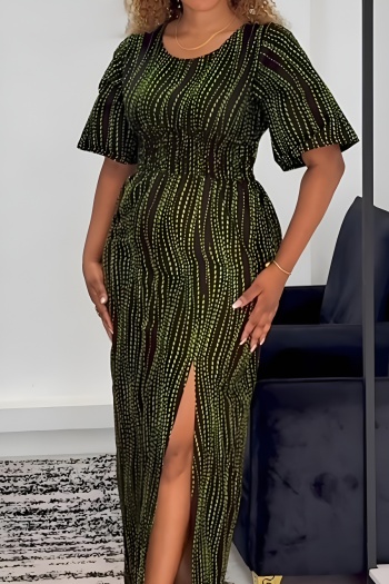 casual slight stretch graphic printing short sleeve high slit midi dress