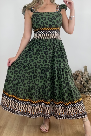 casual slight stretch leopard printing square collar ruffle midi dress