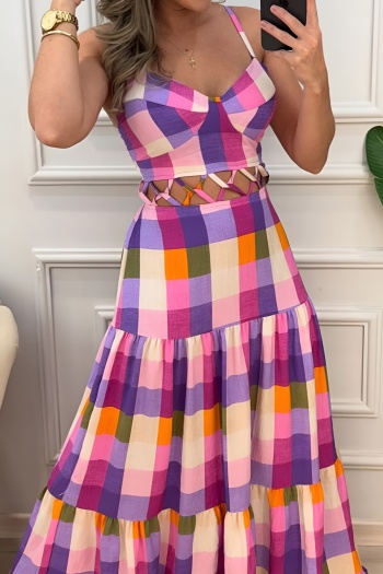 stylish slight stretch checkered printing hollow sling midi dress