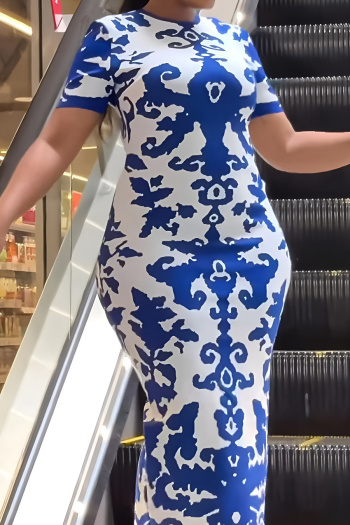 stylish slight stretch graphic print short sleeve midi dress
