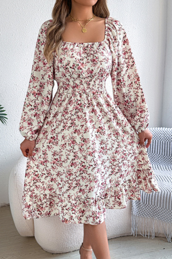 stylish non-stretch floral printing 4 colors square collar midi dress