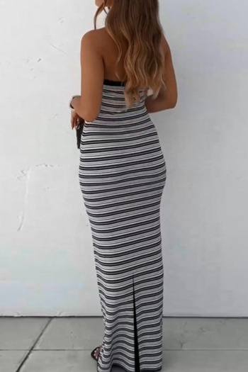 Casual slight stretch tube top slim fit striped slit maxi dress