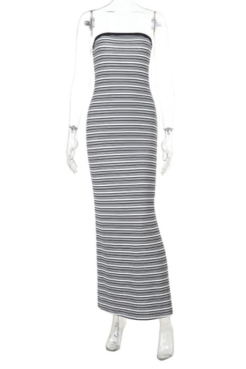 Casual slight stretch tube top slim fit striped slit maxi dress