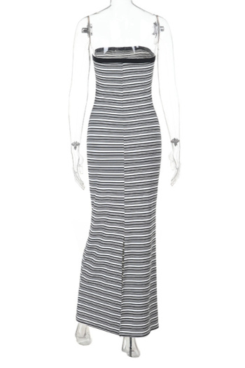 Casual slight stretch tube top slim fit striped slit maxi dress