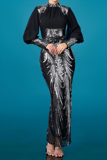 elegant slight stretch sequin decor padded lantern sleeve maxi dress