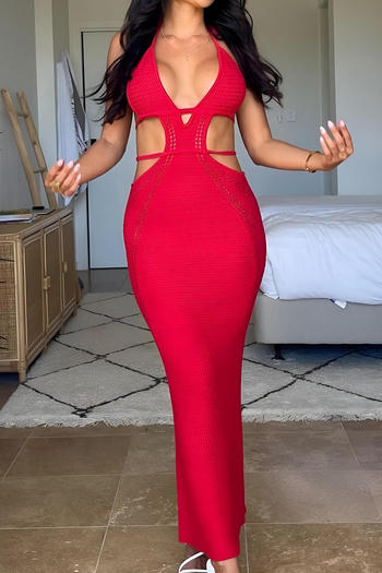 sexy slight stretch knitted 5 colors halter-neck hollow out maxi dress