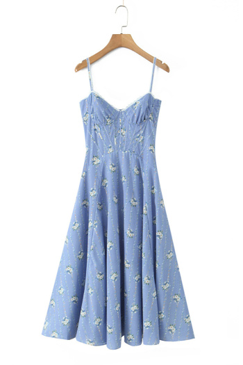 casual non-stretch sling small chrysanthemum print lace-up midi dress