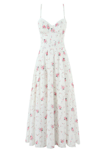 casual non-stretch sling floral batch printing lace-up midi dress