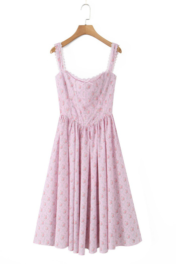 casual non-stretch sling floral batch printing back lace-up pleated midi dress
