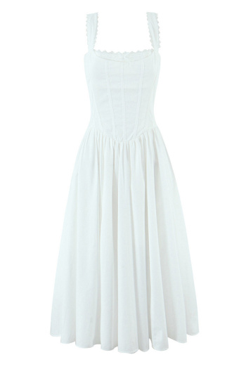 casual non-stretch sling solid color back lace-up pleated midi dress