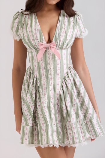 casual non-stretch v-neck bow decor floral print stripes pleated mini dress